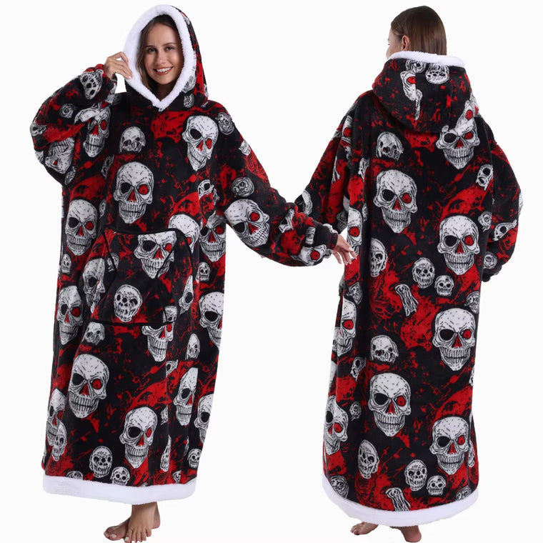 Long Oversized Blanket Hoodis Women Men Cold-Proof Homwear Loose Pullover Cartoon Plush Fleece Sweatshirts Wearable Blankets